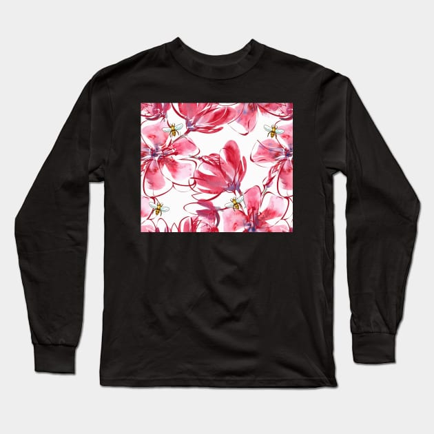 Red Flowers and Honeybees Long Sleeve T-Shirt by gillys